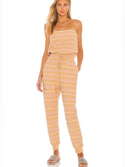 L*Space Revolve North Shore Strapless Jumpsuit Large Sunrise Stripe Terry